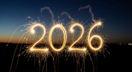 New Year 2026 sparkler light typography with golden glowing numbers on dark night background, festive long exposure celebration concept