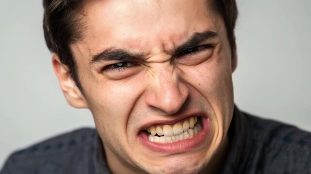 Young man male face closeup anger shouting mouth furrowed brow open mouth portrait expressing intense frustration and rage