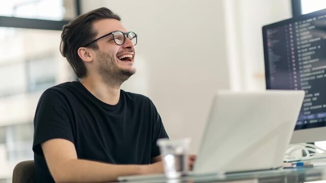 Young man developer laughing at desk with laptop and monitor showing code in modern office joyful expression and light mood