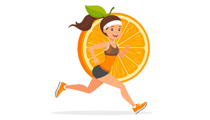 Cheerful orange slice character with headband running fruit fitness isolated on solid white background3