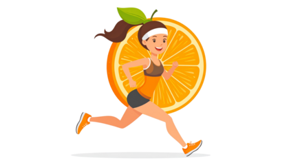 Cheerful orange slice character with headband running fruit fitness isolated on solid white background3