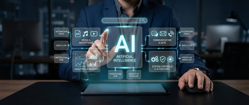 Businessman activating AI-powered content generation with futuristic interface, showcasing artificial intelligence tools for media, writing and innovation - Powered by Adobe
