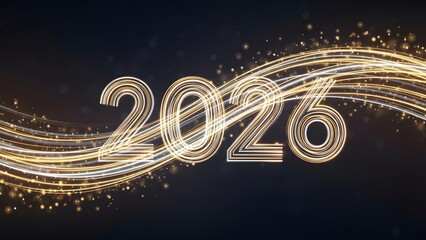 Shining gold 2026 number with sparkling light trails on dark background