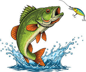 Large mouth bass jumping out of water to catch lure