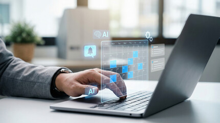 Business professional using an AI-powered smart calendar for efficient time management and meeting scheduling on a laptop