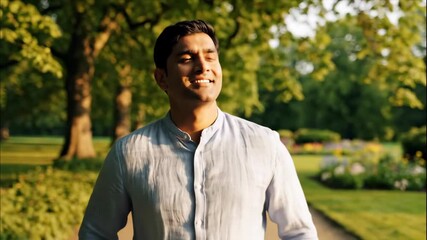 Portrait of a Confident Young Indian Man Walking in a Sunny Park, Smiling with Hope and Optimism - Powered by Adobe