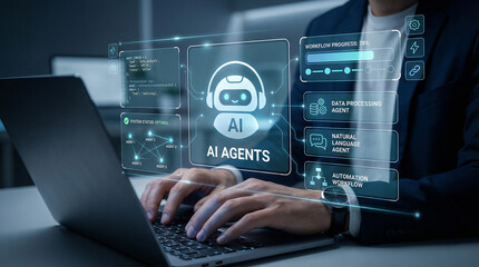 Software engineer working on complex AI agents for natural language processing and data automation workflows on a laptop © merabbi