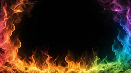 Fototapeta premium A beautiful inferno of rainbow-colored flames frames the bottom and sides, creating a vibrant and magical scene on black.