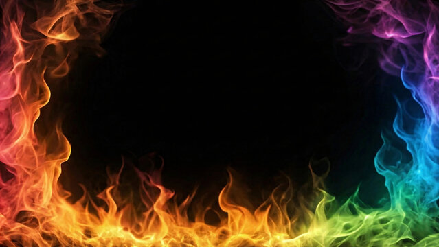 A beautiful inferno of rainbow-colored flames frames the bottom and sides, creating a vibrant and magical scene on black.