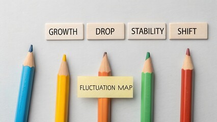 Colorful Pencils Arranged with Labels Representing Business Concepts of Growth Drop Stability and Shift