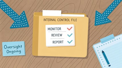 Internal Control File Management Visual with Monitor, Review and Report Checklist on a Wooden Table Background