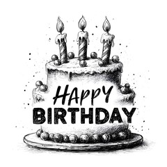 A charming hand-drawn birthday cake illustration features lit candles and decorative dots adding a whical touch to celebrate the special day.