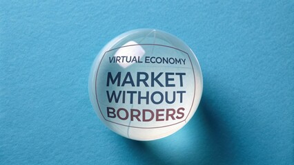Virtual Economy Concept with Glassy Sphere Showing Market Without Borders on Blue Background