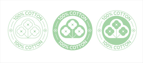 100% Cotton logo, round, with stylized branches and cotton flowers in green tones