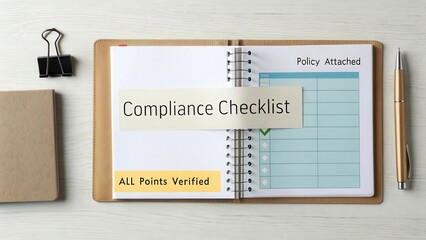 Compliance Checklist with Verified Points on Open Notebook on Light Wooden Table Surrounded by Office Supplies