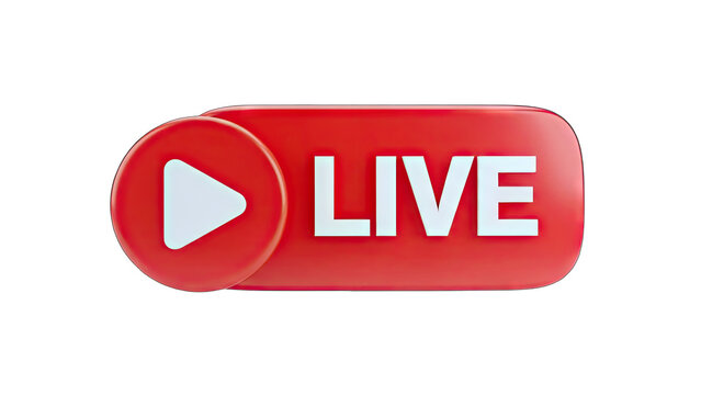3D Render of a Red Live Stream Button with Play Icon on transparent background