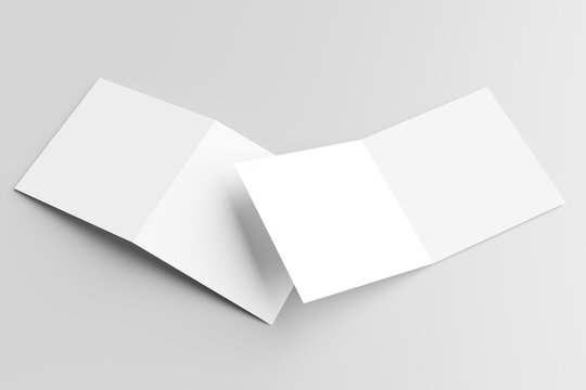 Half-fold brochure or bifold square blank white template for mockup and presentation design. Isolated on gray background. 3d rendering.