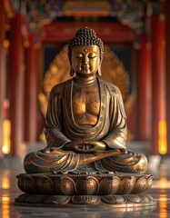Fototapeta premium A detailed, close-up shot of a bronze Buddha statue seated in meditation within a temple setting.