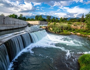 Obraz premium A man-made weir creating a curtain waterfall on a flowing river with natural banks under a dramatic sky.