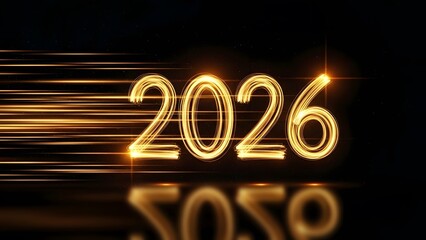 Golden 2026 neon number with motion light trails on black background