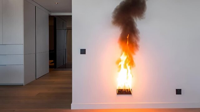 A dangerous electrical outlet fire in a modern interior. Flames and thick black smoke against a white wall illustrate faulty wiring and a fire safety violation.