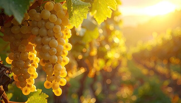 Luminous white grapes ripen under the golden glow of the setting sun in a vineyard.