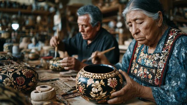 Traditional lacquer art creation. Senior Purepecha couple working in Uruapan workshop. Woman painting pottery with gold. Man preparing lacquer mixture. Cultural heritage, Mexican artistry.