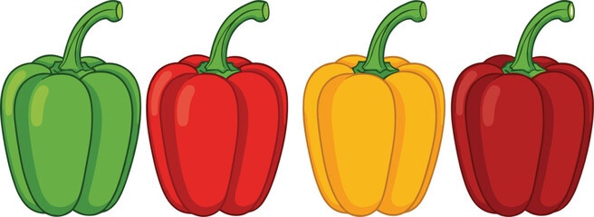 Colorful bell pepper vegetable illustration set showing green, red, yellow, and dark red capsicum varieties isolated