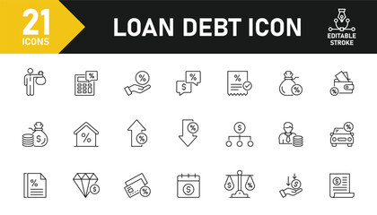 Loan and debt line icon set. Set of 21 outline icons related to debt, loan, mortgage, interest, credit, leasing, money, banking and others. Editable stroke. Vector illustration.