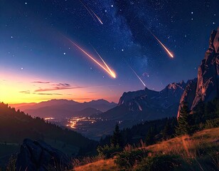Dramatic meteor shower streaks across a twilight mountain landscape above a glowing valley town.