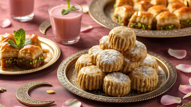 Delicious makroud dessert with pink drink and garnish on a decorative table