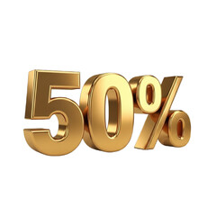 3D percentage text "50%", metallic golden color, smooth rounded edges, clean cutout style, isolated on pure white background, PNG format, no shadow, no background elements, studio lighting, high resol