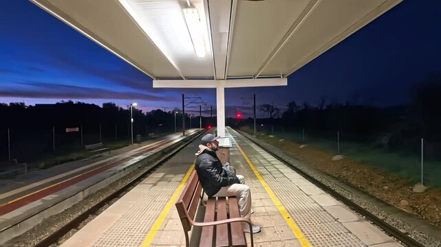 Man waiting alone at night in a symmetrical train station platform