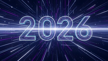 Obraz premium Glowing neon 2026 with vibrant purple and blue streaks