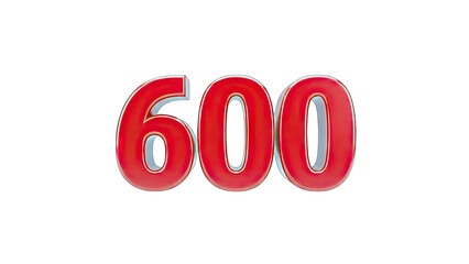 3D Red Number 600 with Metallic Border on transparent background