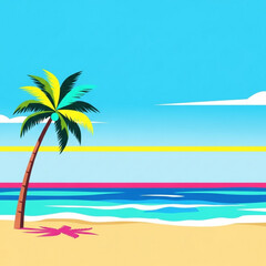 Fototapeta premium Vibrant retro beach scene with palm tree, colorful ocean waves, and bold sunset stripes — tropical paradise, summer vacation, 80s style vector illustration