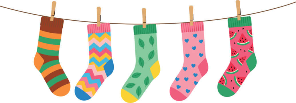 Colorful patterned socks hanging on clothesline vector illustration, cute laundry concept with playful designs and bright colors