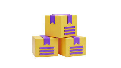 3D Stack of Yellow Parcel Boxes with Purple Ribbons on transparent background