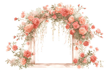 Whimsical dome window rose frame of hand painted red roses with buds and trailing greenery