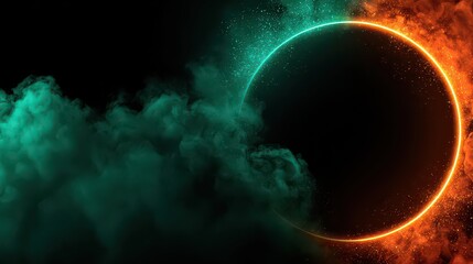 Glowing Circle Frame with Teal and Orange Particles and Smoke Against a Dark Background