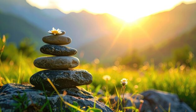 A balanced stack of stones with a small white flower topped against a vibrant, sunlit mountain meadow backdrop.