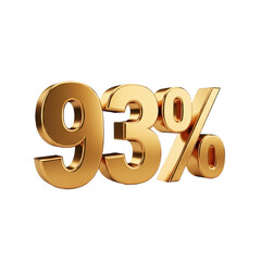 3D percentage text "93%", metallic golden color, smooth rounded edges, clean cutout style, isolated on pure white background, PNG format, no shadow, no background elements, studio lighting