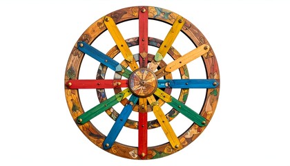 Circular wooden art piece featuring colorful spokes and a central ornamental design