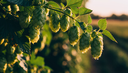 Close-up of ripe green hops cones hanging on the vine in a field during warm golden hour sunset, evoking craft beer brewing and natural agriculture. Serene rural scene.