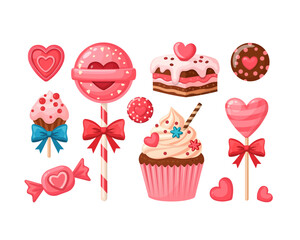 Naklejka premium Valentine Candy and Dessert Set with Heart Lollipops, Cupcakes and Sweet Treats