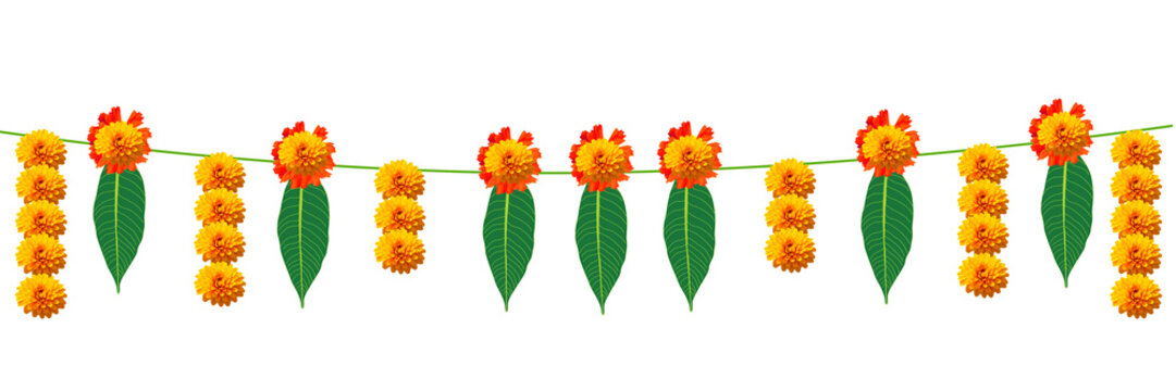 Indian festival Thoranam or Toran of marigold flowers isolated on transparent background with lotus flower and mango leaf, hanging in entrance of house, reception, mall, temple, functions.