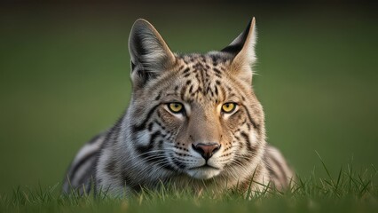 Naklejka premium A majestic wild cat with striking striped fur and piercing yellow eyes lies in lush green grass, looking directly at the viewer.