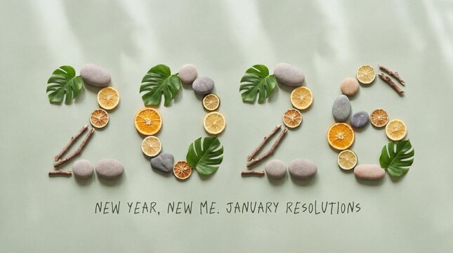2026 New Year resolutions concept with lemon and stones on green back