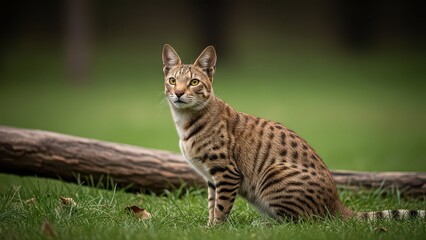 Naklejka premium A spotted and striped cat sits attentively in green grass with a log behind it, showcasing its beautiful fur pattern.