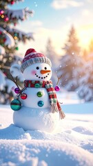 Obraz premium A charming, brightly lit snowman adorned with a festive hat and scarf stands in fresh snow outdoors.